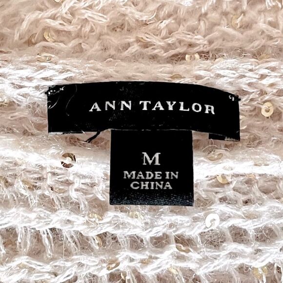Ann Taylor Sequin Loose Knit Champagne Lurex Dolman Sweater Size M Wool Blend - Picture 7 of 9